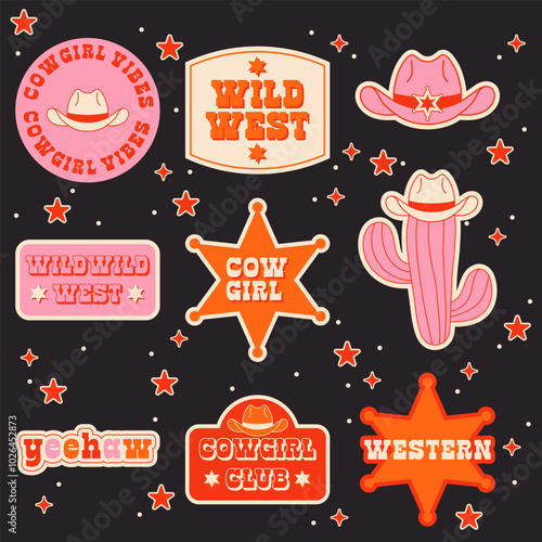 Set of Cowgirl Stickers. Vector Design Elements. Collection of Cowgirl. Wild West, Western Themed, Y2K.