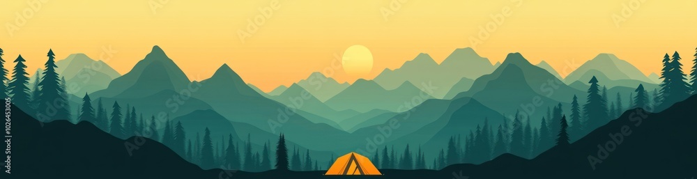 A serene landscape featuring a tent at sunset, surrounded by mountains and trees. A serene landscape featuring a tent at sunset, surrounded by mountains and trees.