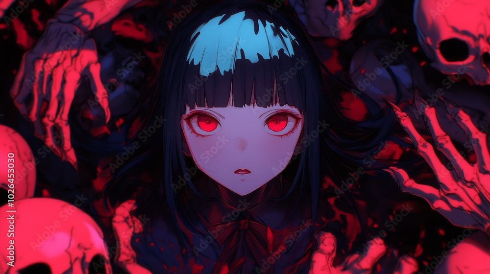 A haunting character surrounded by skulls and dark imagery. A haunting character surrounded by skulls and dark imagery.