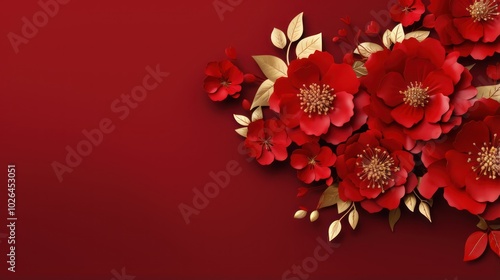 Luxury branding background with flowers. Red and gold colors. Empty, Copy space for text, design. Invitation, greeting card