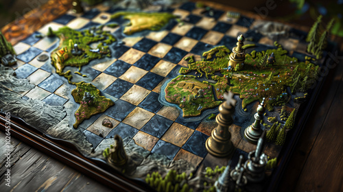 Geostrategic board with squares and a territorial map of continents and countries, with chess pieces representing political and strategic actions. Background for a wallpaper