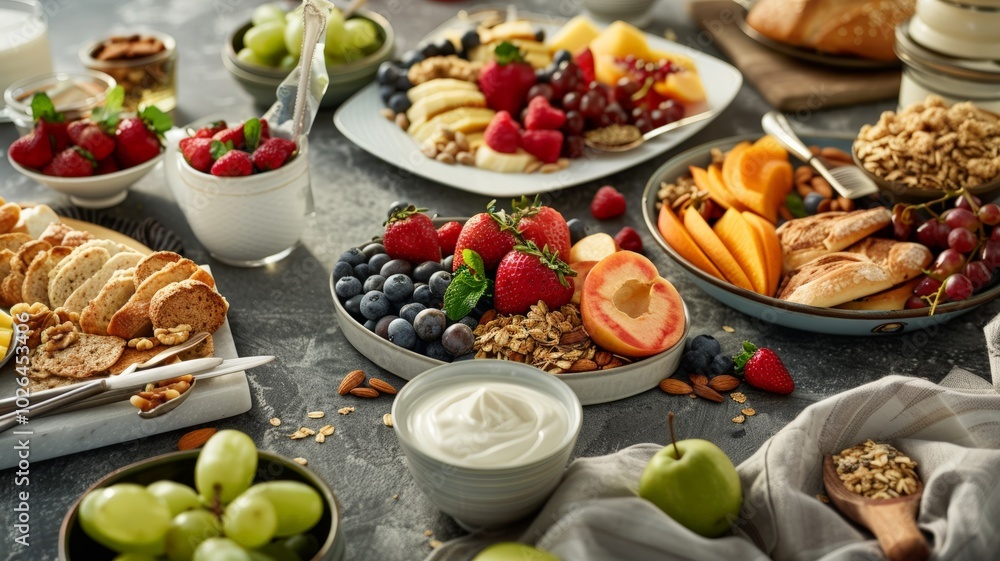 Vibrant Breakfast Spread with Fresh Fruits and Pastries on Rustic Table Vibrant Breakfast Spread with Fresh Fruits and Pastries on Rustic Table