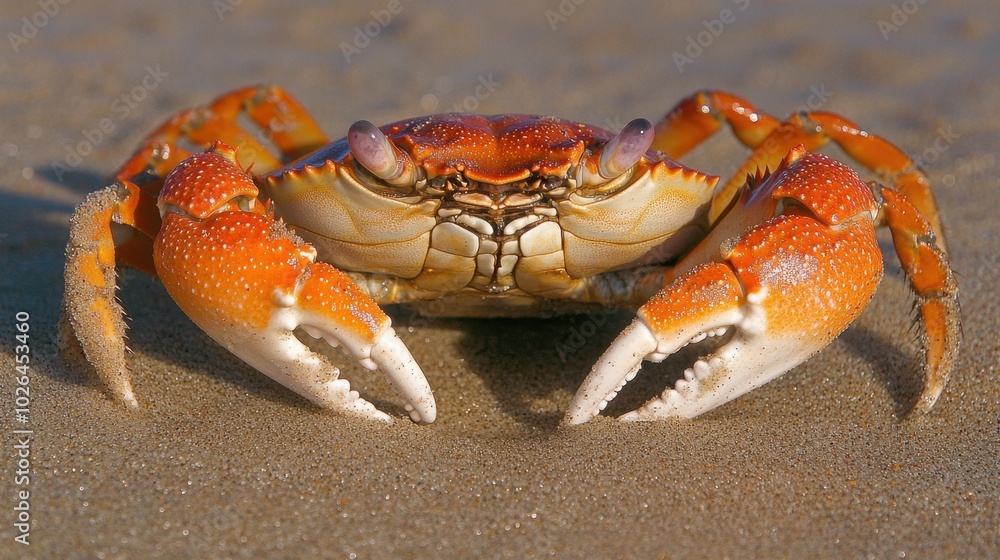A close-up of a vibrant red crab in its coastal habitat, resting on the sandy beach A close-up of a vibrant red crab in its coastal habitat, resting on the sandy beach