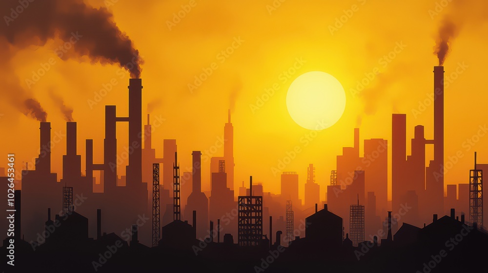 Industrial skyline during sunset, showcasing factories and smokestacks against a vibrant orange sky. Industrial skyline during sunset, showcasing factories and smokestacks against a vibrant orange sky.