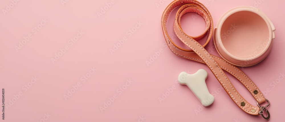 Pet accessories including a pink leash, bowl, and toy against a soft pink background. Pet accessories including a pink leash, bowl, and toy against a soft pink background.