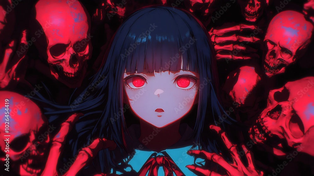 A girl surrounded by red-lit skulls, evoking a dark, eerie atmosphere. A girl surrounded by red-lit skulls, evoking a dark, eerie atmosphere.