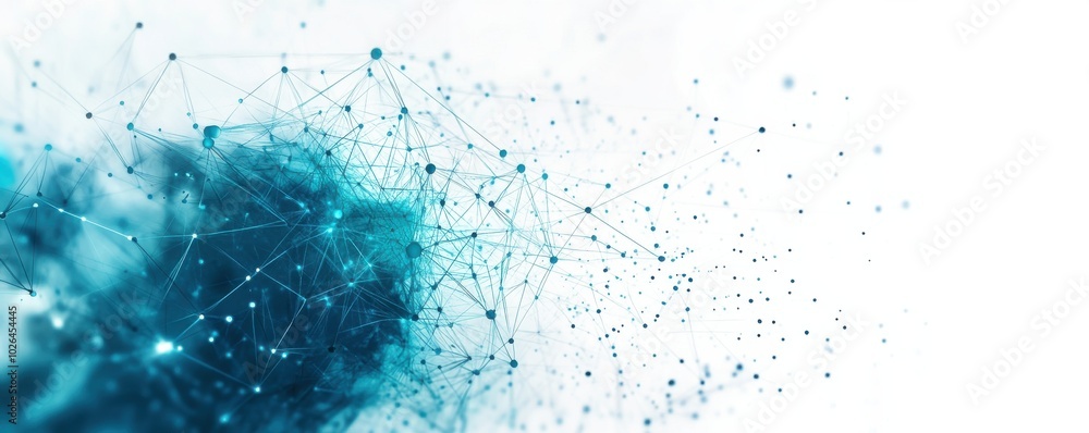 Abstract blue and teal geometric network design on white background with digital nodes and lines Abstract blue and teal geometric network design on white background with digital nodes and lines