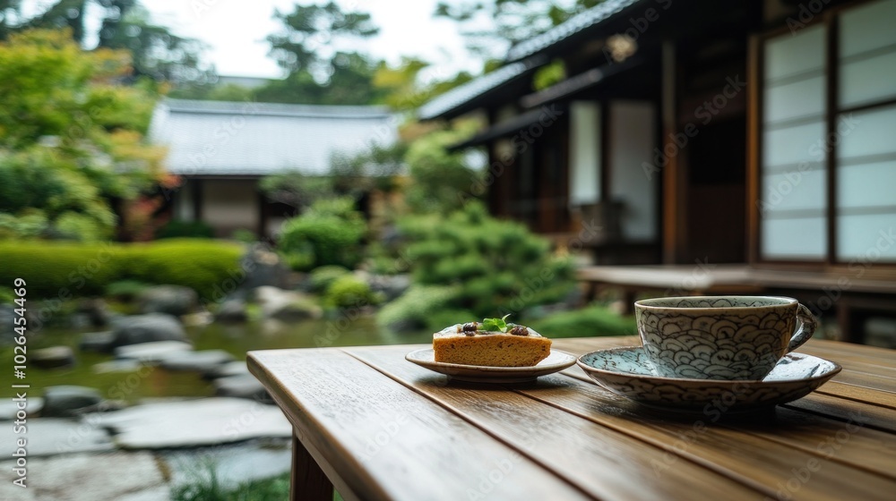 A serene tea setting in a traditional garden with a view of a tranquil pond. A serene tea setting in a traditional garden with a view of a tranquil pond.