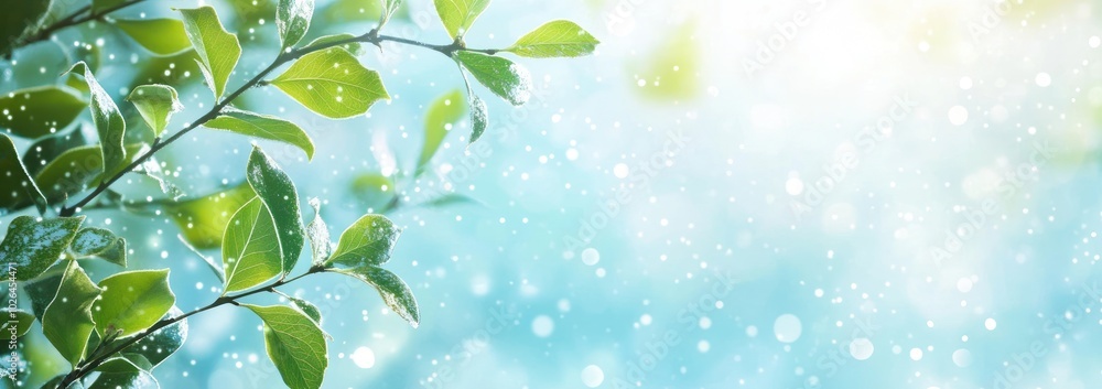 A serene image of green leaves with a soft, dreamy background and sparkling light. A serene image of green leaves with a soft, dreamy background and sparkling light.