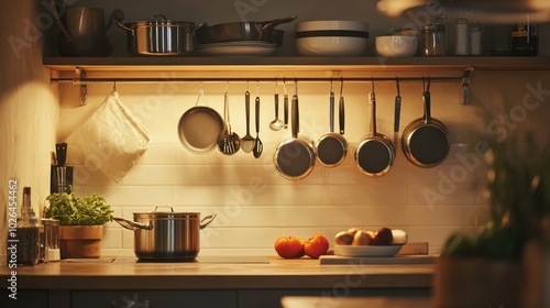 Warm kitchen with pots and fresh produce on the counter