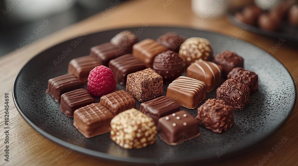 Elegant Black Plate with Gourmet Chocolate Arrangement Elegant Black Plate with Gourmet Chocolate Arrangement
