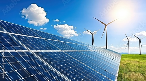 Solar panels and wind turbines harnessing renewable energy under a bright blue sky.