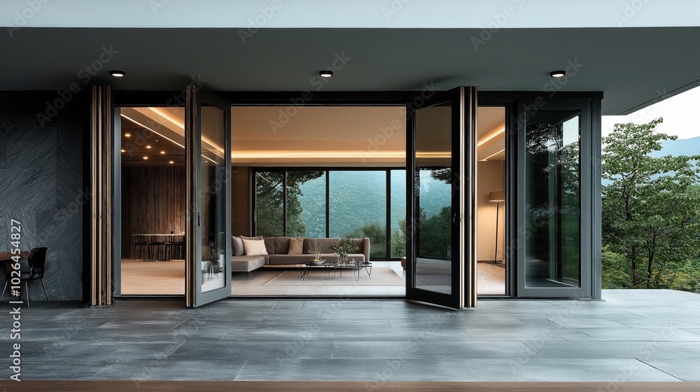 Obraz premium Modern living room with large open sliding glass doors leading to a patio with mountain view, featuring sleek furniture and minimalistic design.