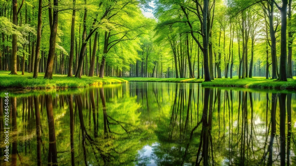 Fototapeta premium Panoramic view of lush deciduous forest with tall trees and soft green grass
