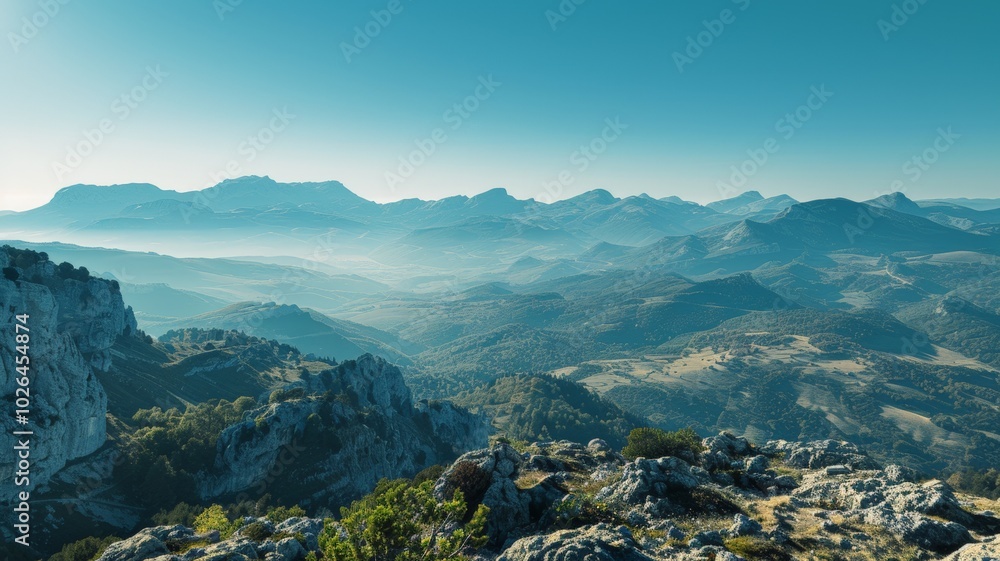 Majestic Mountain Range Under Clear Blue Sky with Vast Landscape Majestic Mountain Range Under Clear Blue Sky with Vast Landscape