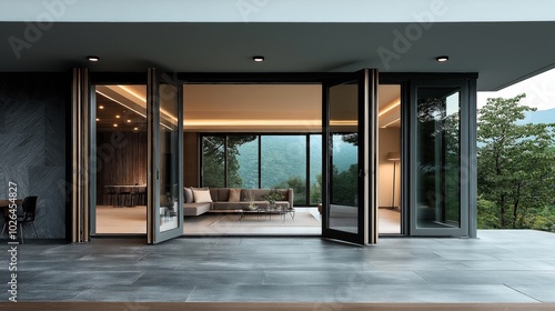 Wallpaper Mural Modern living room with large open sliding glass doors leading to a patio with mountain view, featuring sleek furniture and minimalistic design. Torontodigital.ca