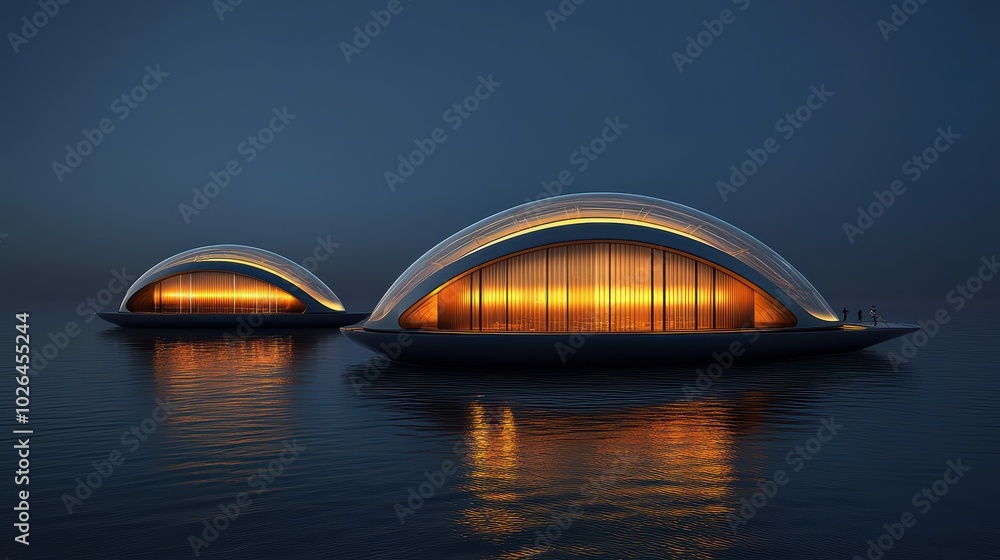 Naklejka premium Unique modern buildings with illuminated interiors on calm water at night.