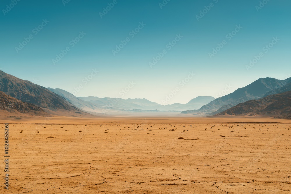 Vast desert landscape with distant mountains under a clear blue sky. Vast desert landscape with distant mountains under a clear blue sky.