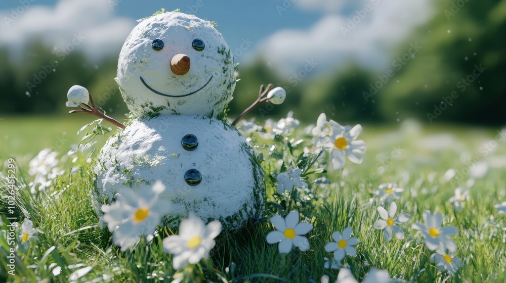 A melting snowman in a grassy meadow with spring flowers blooming around it, symbolizing the transition from winter to spring. A melting snowman in a grassy meadow with spring flowers blooming around it, symbolizing the transition from winter to spring.