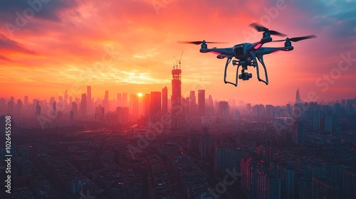 Drone Flying Over Cityscape at Sunset