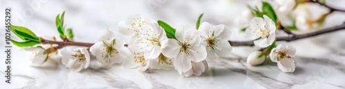 A delicate arrangement of white blossoms on a marble surface, symbolizing beauty and nature.