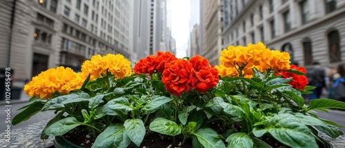 Vibrant flowers in a city setting, showcasing colorful blooms against urban architecture.