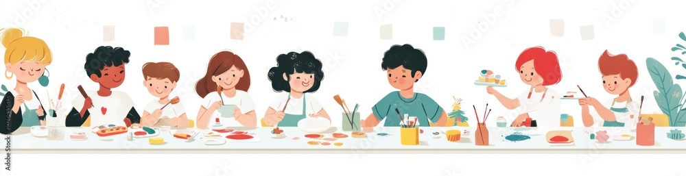 Children engaged in a creative art activity at a long table, painting and crafting together. Children engaged in a creative art activity at a long table, painting and crafting together.