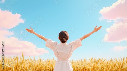 Woman embracing nature in a golden wheat field under a bright blue sky with fluffy clouds. photo