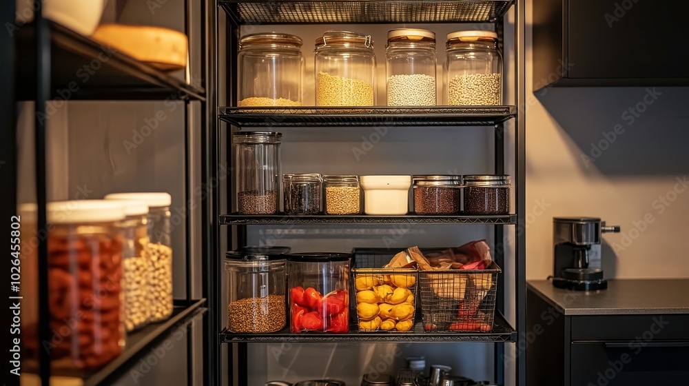 Organized kitchen pantry with various ingredients. Organized kitchen pantry with various ingredients.