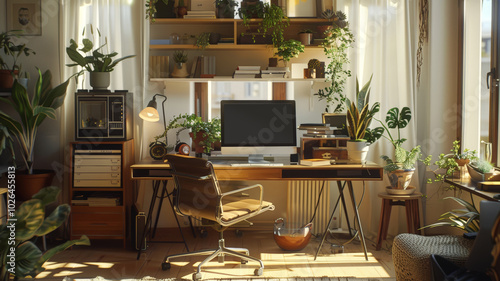 Cozy Home Office with Modern Computer and Abundant Greenery in Sunlit Room