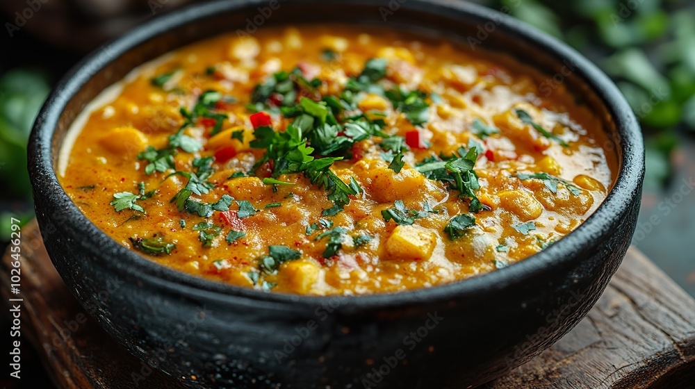 Dark Background with Golden Curry in a Bowl Dark Background with Golden Curry in a Bowl