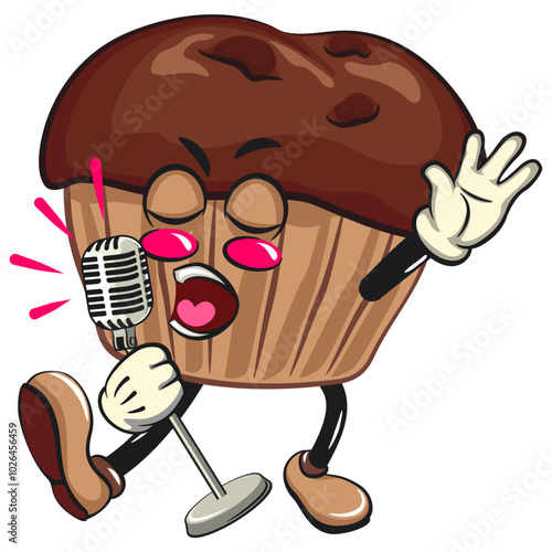 kawaii cartoon chocolate muffin with chocolate chip character mascot isolated vector illustration sing earnestly with maximum style, work of hand drawn
