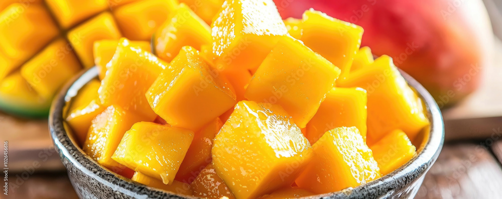 Fresh, diced mango served in a bowl, showcasing its vibrant yellow color, with whole mangoes in the background. Fresh, diced mango served in a bowl, showcasing its vibrant yellow color, with whole mangoes in the background.