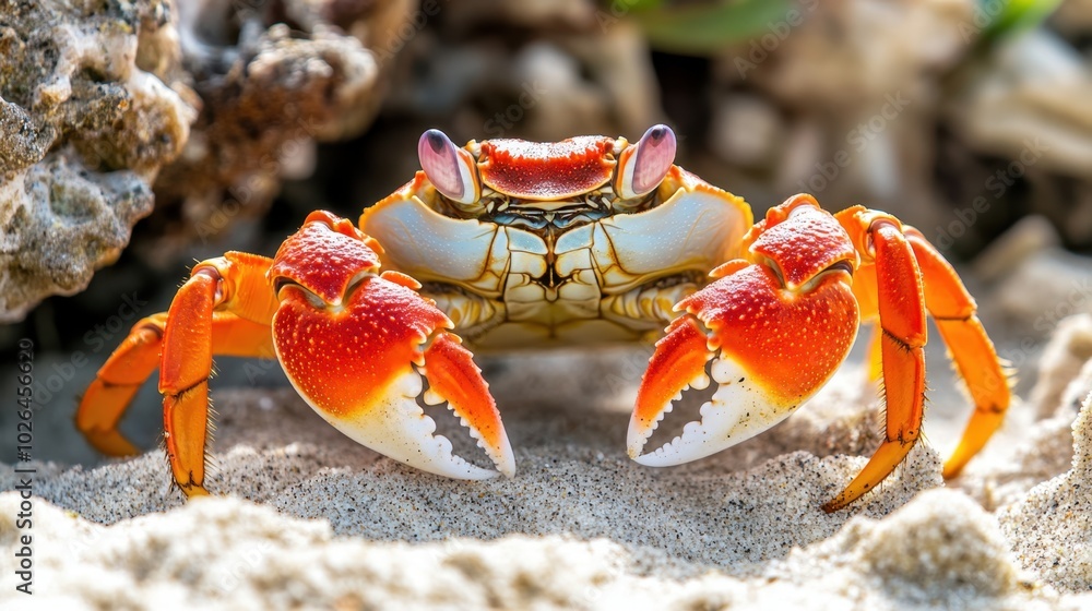 A red crab explores the sandy beach in a detailed close-up shot, highlighting its unique coastal environment A red crab explores the sandy beach in a detailed close-up shot, highlighting its unique coastal environment