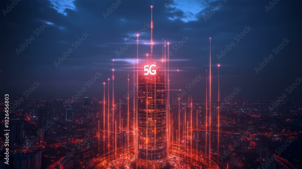 Exploring the Future: A Vibrant 5G Tower Illuminating the Cityscape Exploring the Future: A Vibrant 5G Tower Illuminating the Cityscape