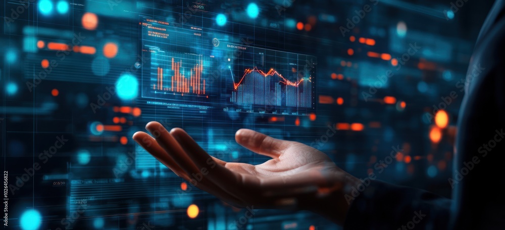 A hand reaching towards digital graphs and data visualizations, symbolizing technology and analysis. A hand reaching towards digital graphs and data visualizations, symbolizing technology and analysis.