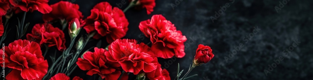 A close-up of vibrant red carnations against a dark background. A close-up of vibrant red carnations against a dark background.