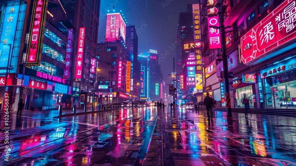 Futuristic cityscape at night with glowing neon skyscrapers and vibrant reflective wet streets Futuristic cityscape at night with glowing neon skyscrapers and vibrant reflective wet streets