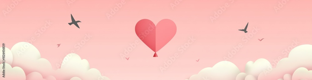 A whimsical illustration of a heart-shaped hot air balloon surrounded by clouds and birds. A whimsical illustration of a heart-shaped hot air balloon surrounded by clouds and birds.