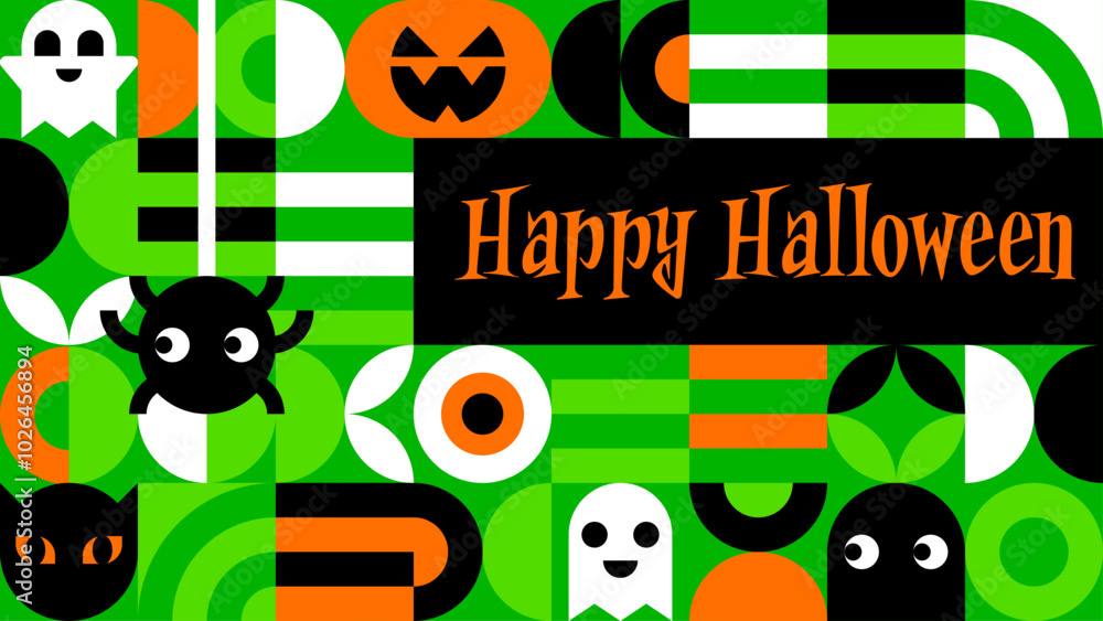 Naklejka premium Happy Halloween Text with Green, Black, and Orange Cartoon Symbols