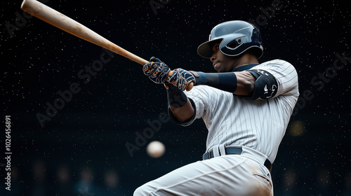 Baseball player in striped uniform swinging bat at night, wearing helmet and gloves, focused on ball.