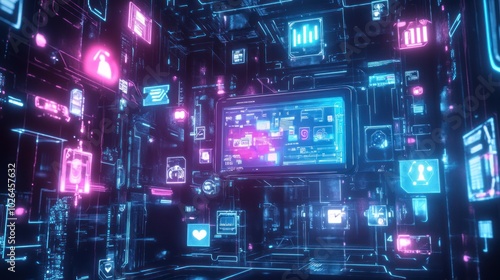 A futuristic digital environment with glowing icons and data displays.