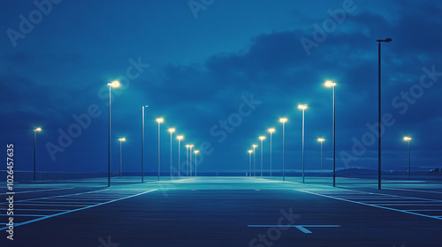 Empty Parking Lot at Night with Street Lights and Blue Sky