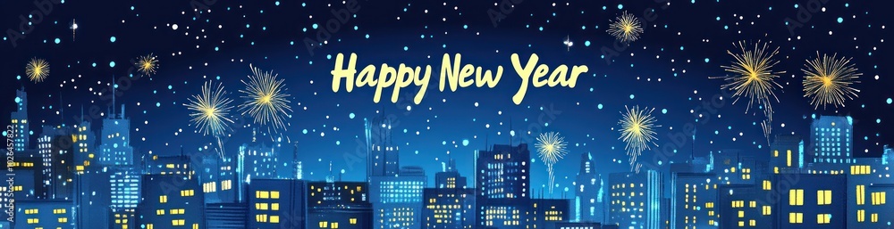 Festive city skyline with fireworks celebrating the New Year. Festive city skyline with fireworks celebrating the New Year.