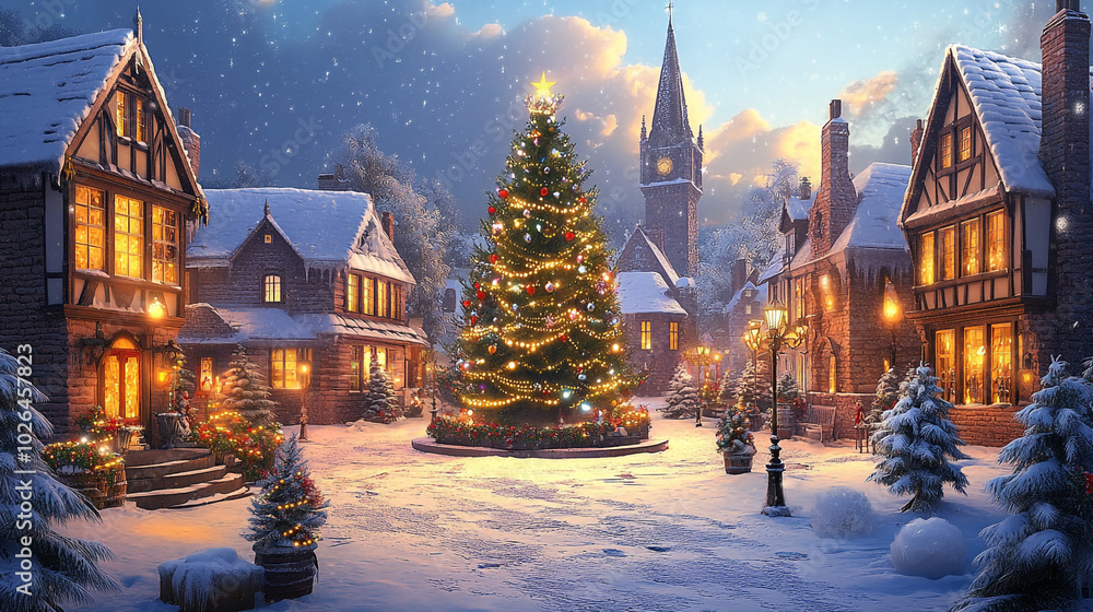 Festive Christmas Town Square with Decorated Tree and Snowfall Festive Christmas Town Square with Decorated Tree and Snowfall