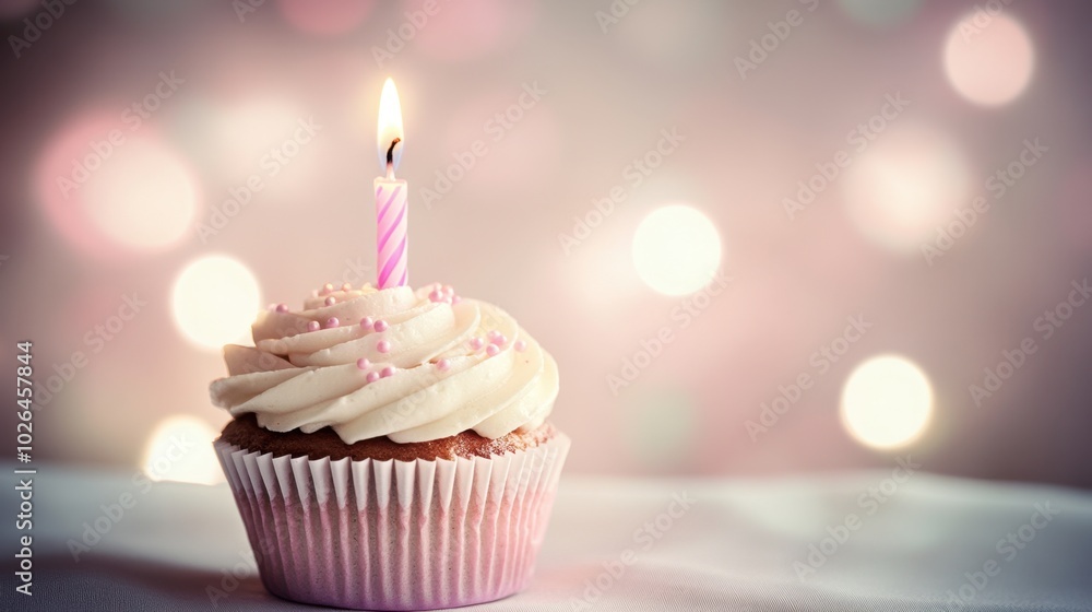 A small, beautiful cupcake with a lit candle on top, set against a pale pink background, perfect for a simple and elegant birthday celebration. A small, beautiful cupcake with a lit candle on top, set against a pale pink background, perfect for a simple and elegant birthday celebration.