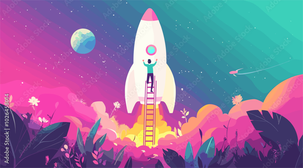 vector man standing near rocket in backyard .Generative AI vector man standing near rocket in backyard .Generative AI