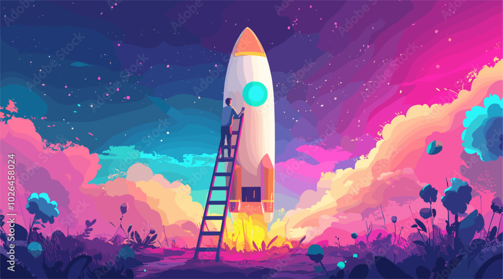 Fototapeta premium vector man standing near rocket in backyard .Generative AI