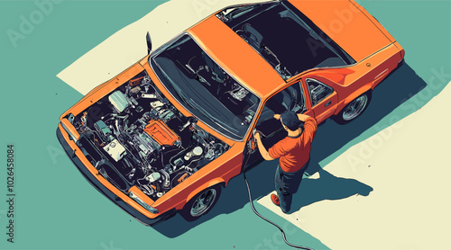 vector drawing man fixing his broken car .Generative AI