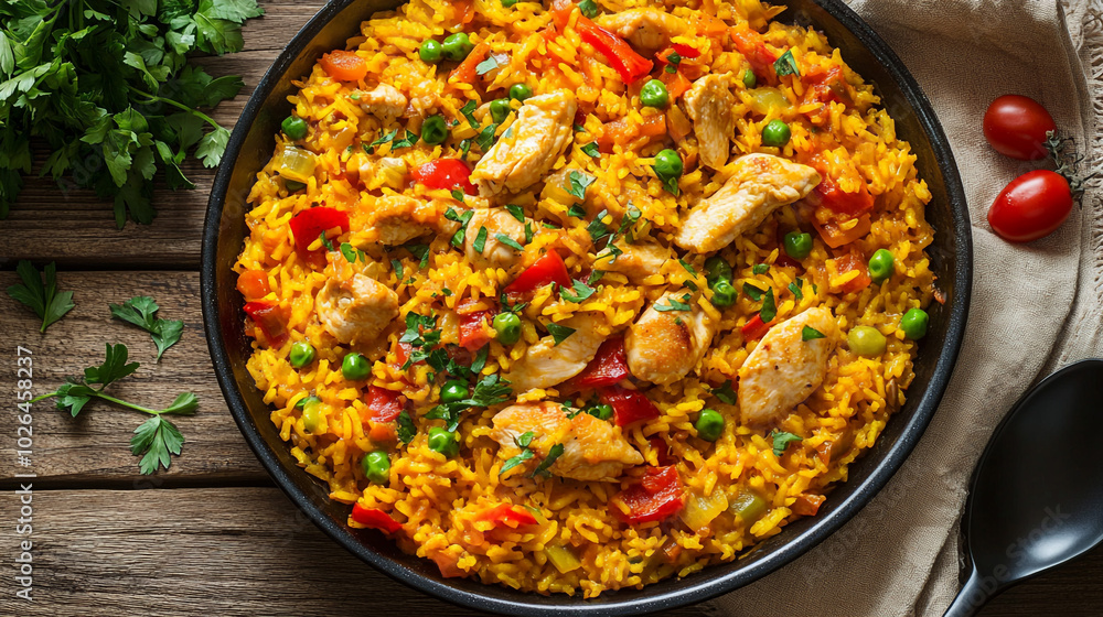 Delicious Chicken and Rice Paella Dish with Peas Peppers and Parsley Delicious Chicken and Rice Paella Dish with Peas Peppers and Parsley